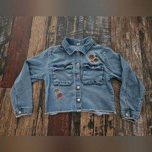 Stretch Denim Embroidered Cropped Jacket - Blue XL, runs small
